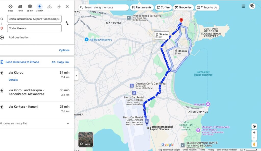 A google map of Corfu showing the best route to walk from the airport to the town
